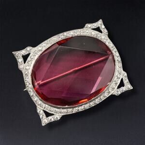 Vintage Art Deco Statement Brooch Ruby Red Pot Metal Faceted Glass Rhinestone